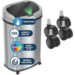 iTouchless 13 Gallon / 50 Liter Sensor Trash Can with Wheels | Odor Filter | Automatic Kitchen Garbage Bin | Slim Oval Shape | Fingerprint-Proof Stainless Steel | Hands-Free Motion Lid | Brushed Silver