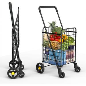 Shopping Cart w/Waterproof Basket Liner & 360° Swivel Wheels | Foldable Collapsible & Lightweight | Perfect for Groceries Laundry Utility Cart - Black