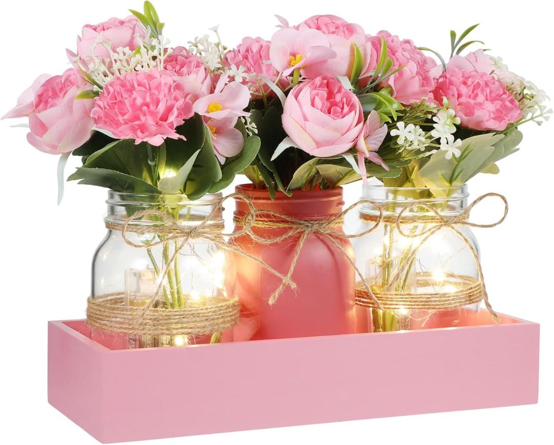 Honeydak 9 Pcs Mason Jar Centerpiece for Dining Room Table with Farmhouse Wood Tray, 3 Mason Jars, 6 Fake Flowers, and 2 LED Light for Room Kitchen Living Bathroom Wedding (Peony)