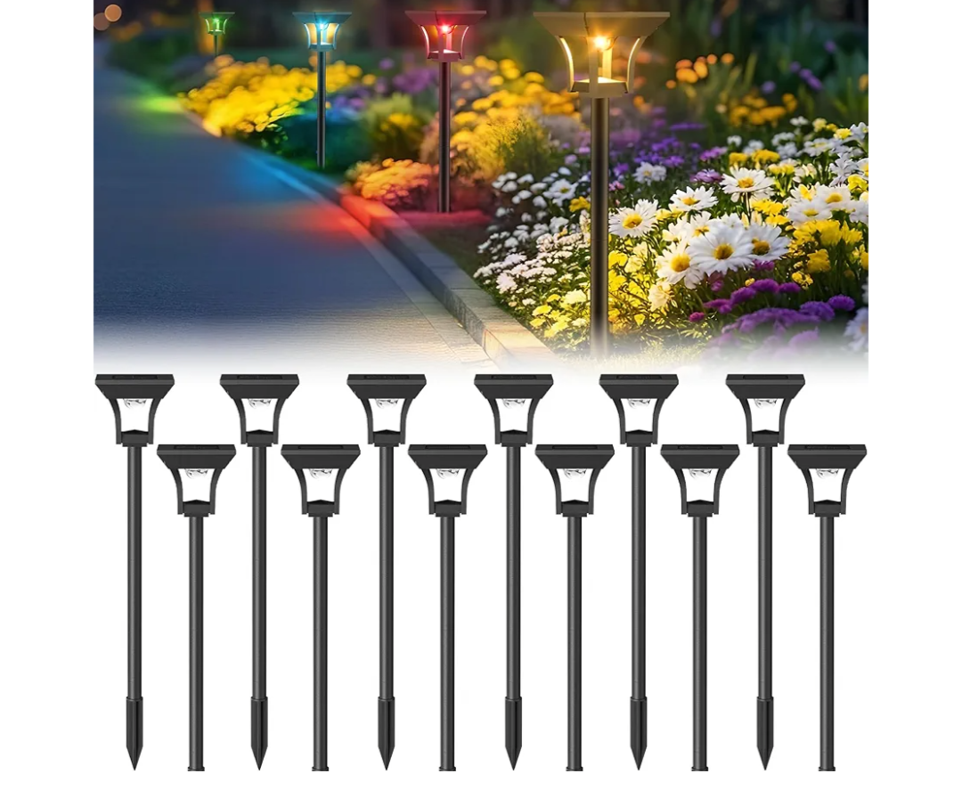 CINOTON 12 Pack RGBCW Solar Pathway Outdoor Lights, 3 Lighting Modes Solar LED Garden Lights, IP65 Waterproof Outside Solar Powered Landscape Lighting for Planter Lawn Pool Balcony RGB/Warm/Cold White