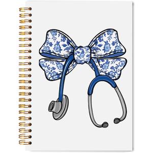 Chinoiserie Blue Bow Nurse Spiral Notebook Journal 5.5x8.3, Nurse Appreciation Gifts, Nursing Medical Office Supplies for Work, Blue Floral Stethoscope Journaling Notebooks