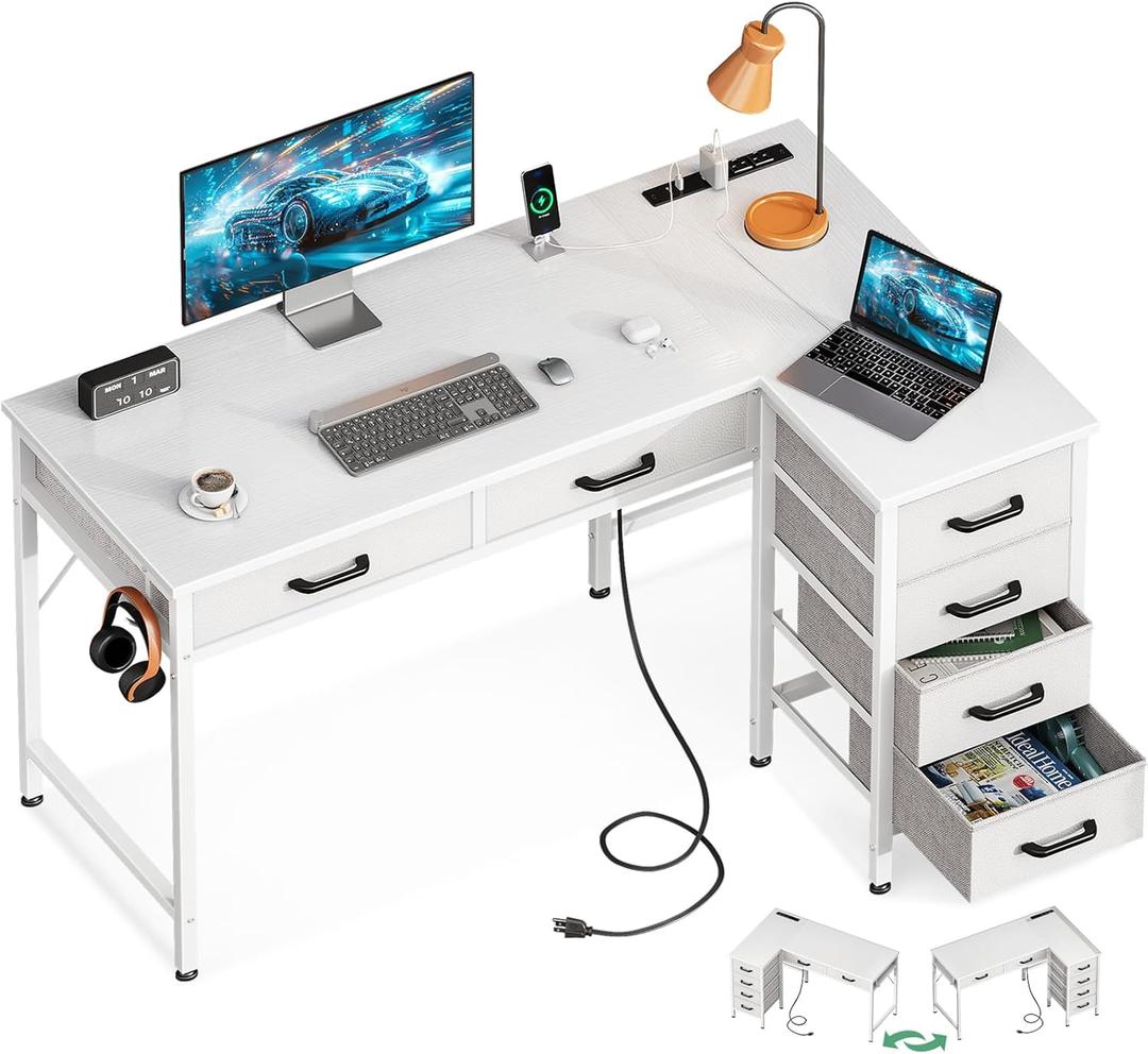 Coleshome 42 Inch L Shaped Desk with Drawers, Computer Desk with Power Outlets, Home Office Desk with 6 Drawers, Reversible Corner Desk for Small Space, Study Work Table with Hook, White