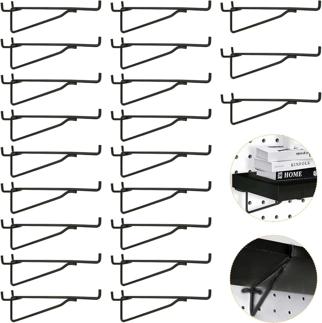 20 Pack Pegboard Shelf Hooks, 6" Black Pegboard Shelf Brackets Hooks Fits 1/4 Pegboard, Heavy Duty Peg Board Shelves for Workbench, Craft Shop, Retail Shop Garage, Kitchen,Tool Organizer, 20lbs