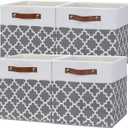 Temary 12x12x12 Fabric Storage Bins 4 Pack with Leather Handle, Foldable Cubes Storage Box Baskets for Closet, Shelf (White&Lattice)