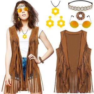 60s 70s Outfits for Women Groovy Outfits Clothes Women Brown Fringe Vest 70s Costume Tops Sunglasses Necklaces (X-Large)