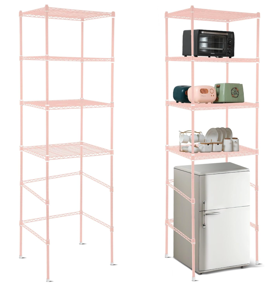 Huwena 4 Tier Over Mini Fridge Stand Metal Storage Shelf for Dorm,Pink