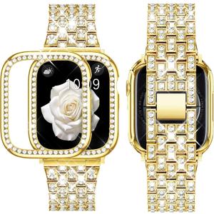 Supoix Compatible with Apple Watch Band Size: 40mm (Series 6/5/4/SE) Case, Women Jewelry Bling Diamond Rhinestone Replacement Metal Bands & 2 Pack PC Protector Case for iWatch Ultra 3/2/1 Series 11/10/9/8/7/6/5/4/3/2/1/SE