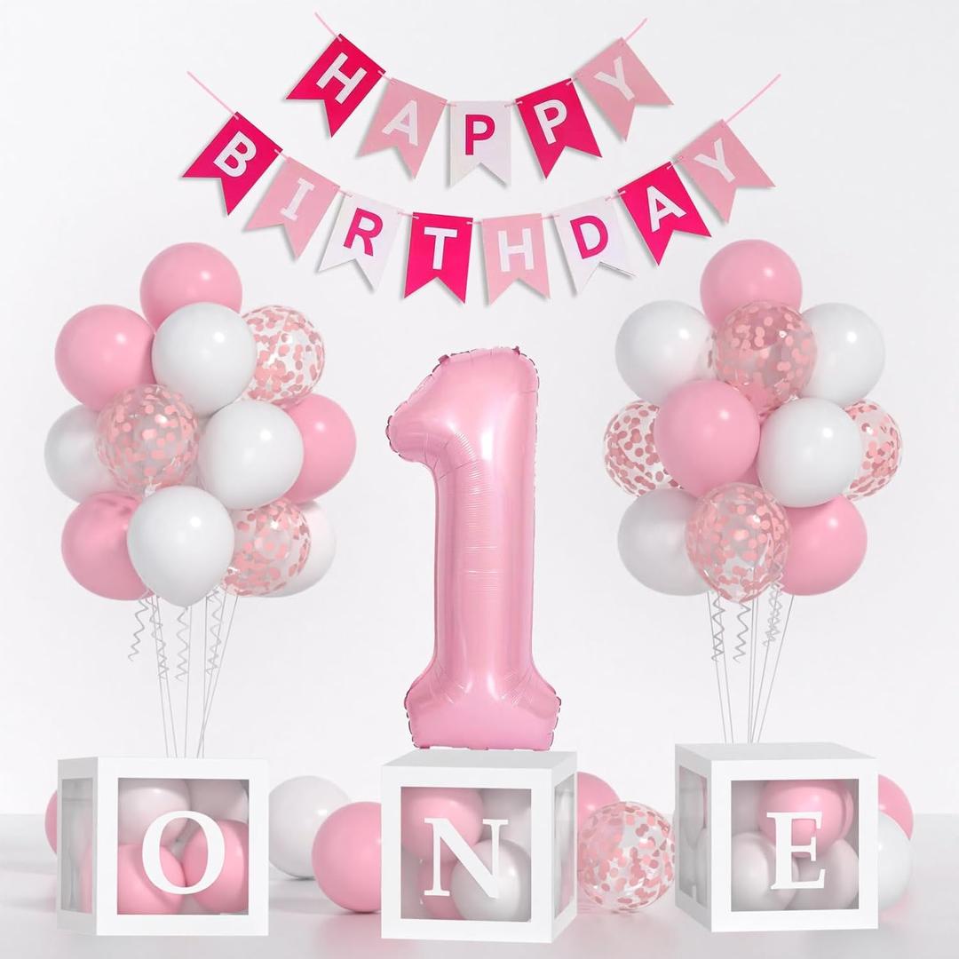 Baby Girl First Birthday Decorations-Pastel Pink White Balloons, 40 Inch Pink 1 Balloons, Happy Birthday Banner One Balloon Boxes For 1 Year Old Girl BD Decorations