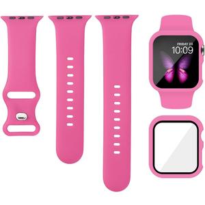 Sport Silicone Band and Case Compatible with Apple Watch Bands 38mm 40mm 41mm 42mm 44mm 45mm 46mm, Waterproof Apple Watch Strap & Screen Protector iWatch Series 11 10 9 8 SE 7 6 5 4 3 2 1 for Women Men (Hot Pink)