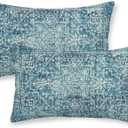 Boho Pillow Covers 12x20 Set of 2, Teal Carpet Pattern Decorative Throw Pillows Linen Ethnic Design Farmhouse Cushion Pillow Covers for Sofa Couch Outdoor