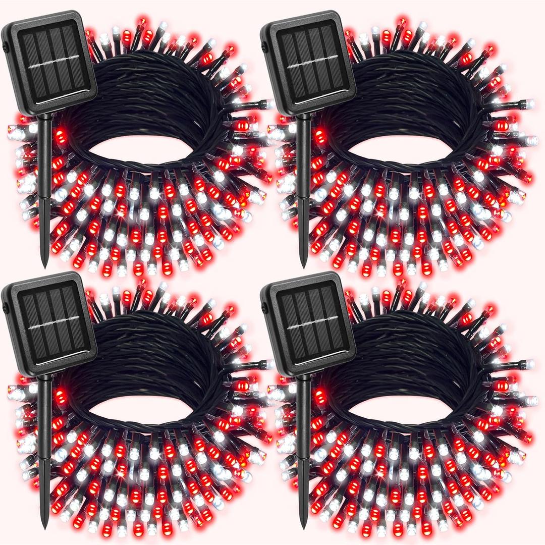 4 Pack Red and White Solar Christmas Lights Outdoor Waterproof, 132FT 400LED Solar String Lights Green Wire Fairy Lights, Solar Twinkle Lights with 8 Lighting Modes for Xmas Garden Decorations