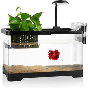 1.8 Gallon Beta Fish Tank Aquariums Kits - Clear Small Fish Bowl Starter Kit with LED Light, Water Filter Pump, Hydroponic Basket - Beginner's Gift for Guppy Shrimp Goldfish, Rectangular