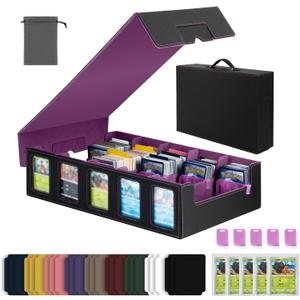 Collectible Trading Card Cases with Portable Handle, with 48 Colorful Divider Tabs&5 card supporters,5 card holders, one bag,PU Leather Commander Card Deck CaseforMTG Game Cards (5 Rows-Black&Purple)