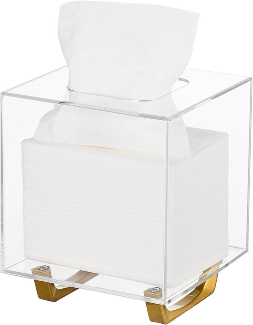 HBlife Clear Tissue Box Cover Square Acrylic Tissue Box Holder with Gold Plated Legs Napkin Dispenser Dryer Sheet Container for Bathroom (Spuare)