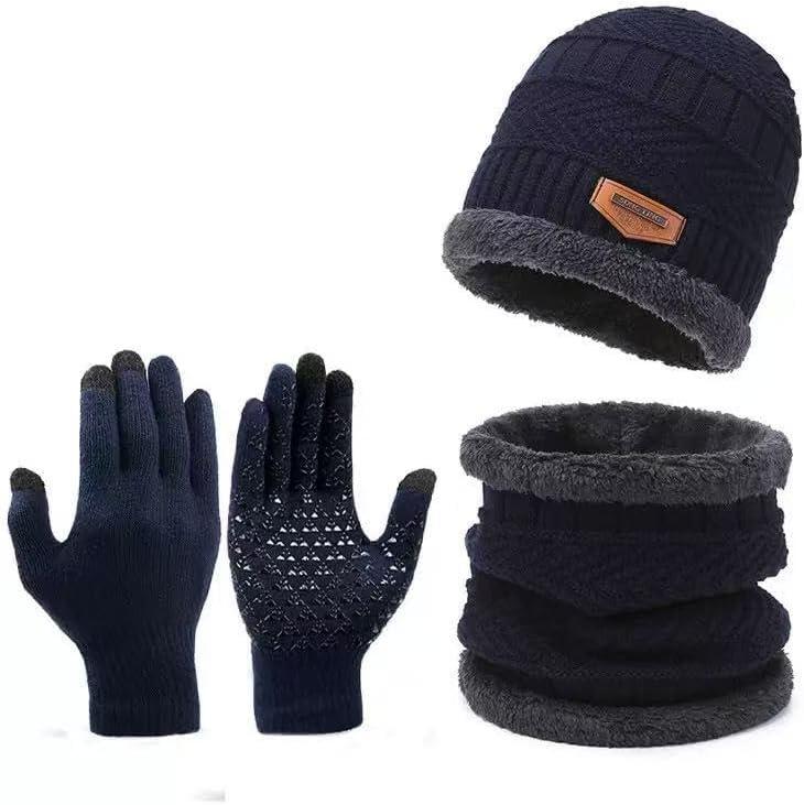 3-Pieces Winter Beanie Hat Scarf and Touch Screen Gloves Set Warm Knit Skull Cap for Men Women (black) (Blue)