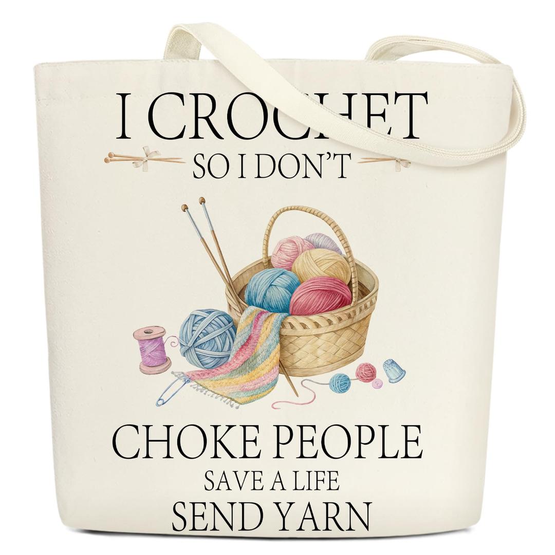 Funny Crochet Canvas Tote Bags for Women Aesthetic Gifts for Crochet Lovers Birthday Christmas Mother's Day Cute Cotton Tote Bag for Shopping Work Reusable Grocery Shoulder Bag with Wide Strap - DH702