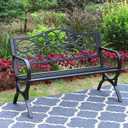MFSTUDIO 50 Inches Outdoor Garden Bench, Cast Iron Metal Frame Patio Park Bench with Floral Pattern Backrest, Arch Legs for Porch Lawn Garden Yard(Black)