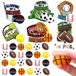 30 Pack Valentines Day Sport Balls with Cards Goodie Bags Bulk Mini Stress Relief Squeeze Sports Balls for Valentines Day School Class Game Prizes Kids Toys Presents Exchange Party Favors