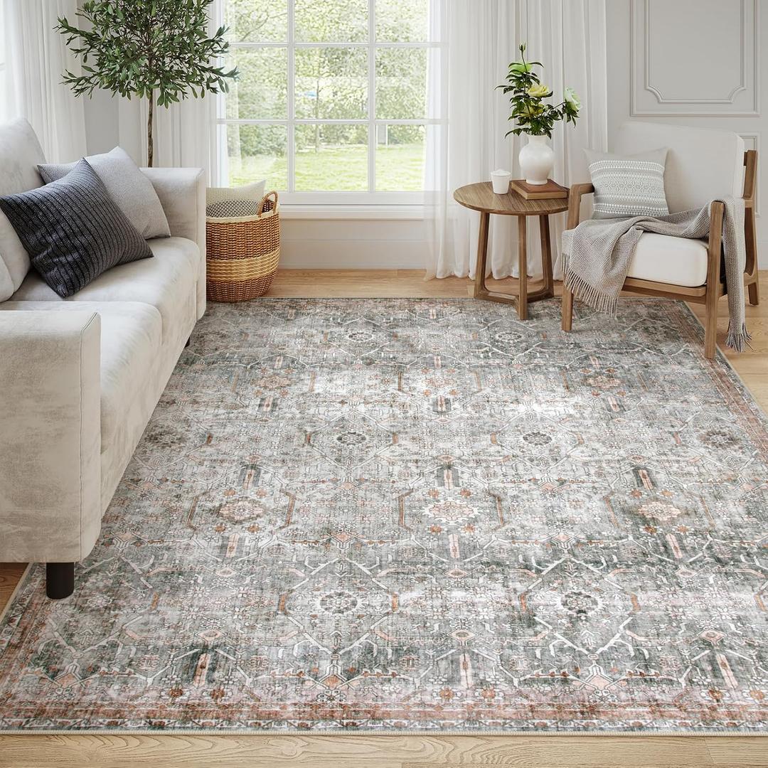 Washable Area Rug 8x10, Vintage Large Rugs for Living Room Tribal Rugs 8x10 Non Slip Bedroom Carpet Stain Resistant Aesthetic Print Accent Rug for Dining Guest Office - Rust/Emerald/Ivory