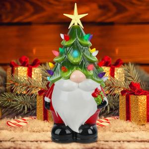 Wonder Solar Ceramic Christmas Tree 12.5in Hand-Painted Gnomes Ceramic Christmas Tree with Lights Tabletop Christmas Decor for Holiday Indoor Decorations