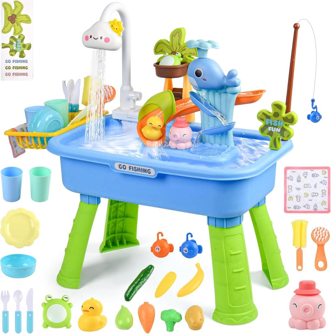 Upgraded Water Table for Toddlers 1-3 with Electric Water Pump, Kids Water Table with Faucet, Play Food Accessories Fishing Toy, Kitchen Play Sink Toys for Girl Boy