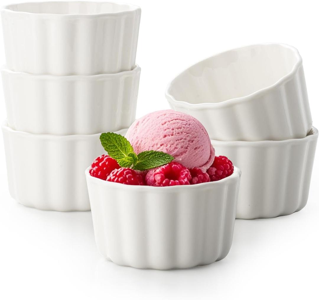 8 oz Small Dessert Bowls, Ramekins Oven Safe, Ceramic Small Serving Bowls for Dessert, Snacks, Creme Brulee, Ice Cream, Set of 6, White