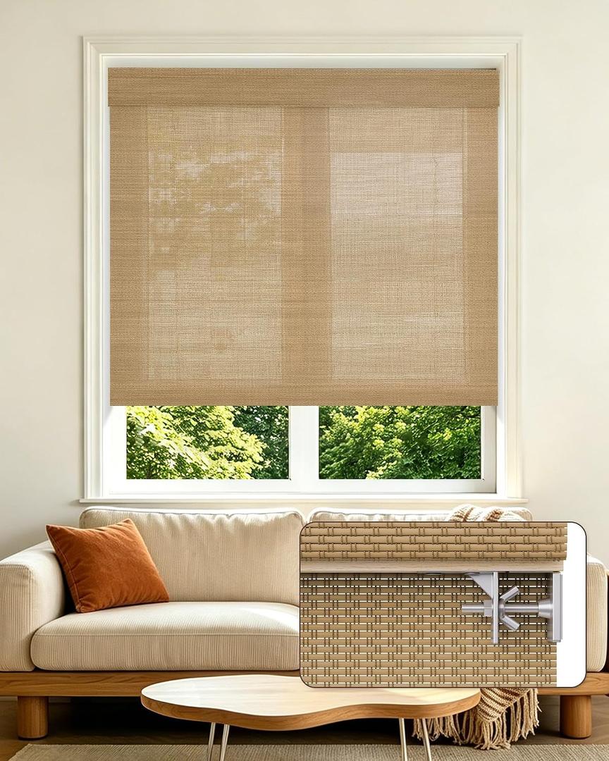 Allesin zen No Drill Cordless Bamboo Roman Shades, Light Filtering 35.5" W x 64" H, Brown