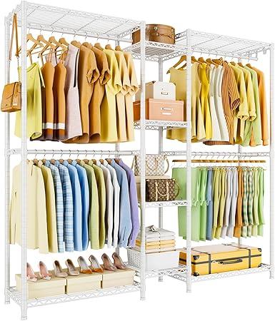Ulif E4 Clothes Rack, Heavy-Duty Garment Rack, Metal Freestanding Clothing Organization Storage System Can Be L-shaped with Shelves and Hangers, Max Load 962lbs, 71.6" W x 14.5" D x 79.3" H, White