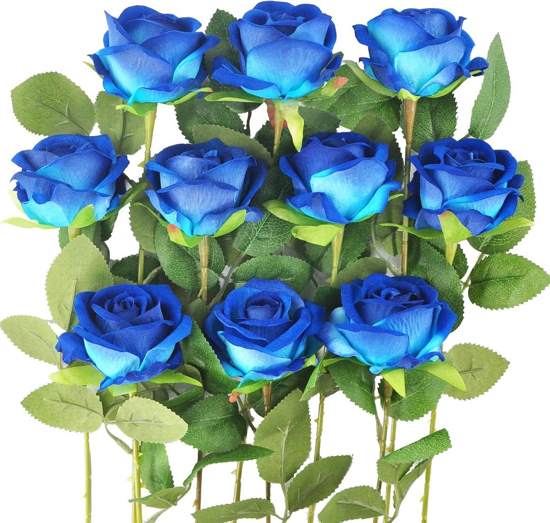 Kenpal 10pack Realistic Fake Roses Artificial Flowers with Stem for Decor Centerpieces Wedding Bouquets (Blue)