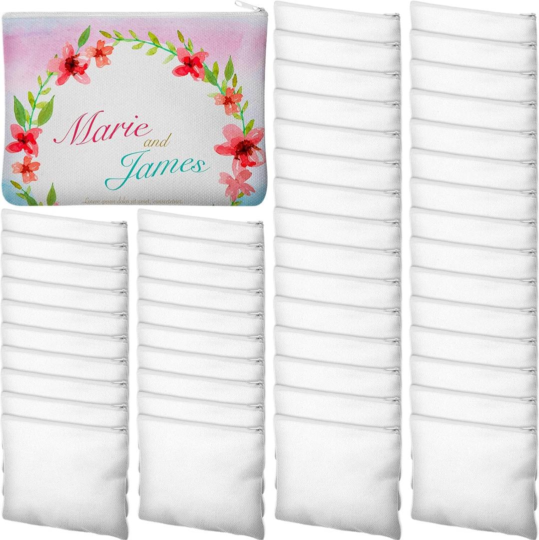 Frienda 50 Pcs Sublimation Blank Canvas Makeup Bags Bulk DIY Heat Transfer Canvas Pen Case Pencil Cosmetic Makeup Bags Clear Sublimation Blank Pouch with Zipper (9 x 6.89 Inch, White)
