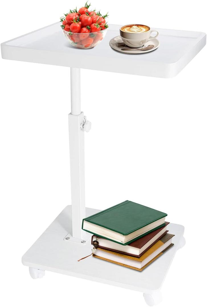 Gets Adjustable Height Sofa Tray Table for Couch,360Swivel TV Tray for Small Spaces,C Table End Table with Wheels for Eating, Livingroom, Bedroom, Sofa-White,15.8" X 11.8" X 31.5"