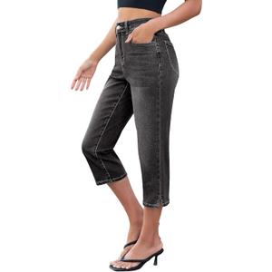 luvamia Capri Jeans for Women Trendy High Waisted Side Slit Casual Relaxed Fit Stretchy Denim Summer Jean Capris Pants (Black, XL)