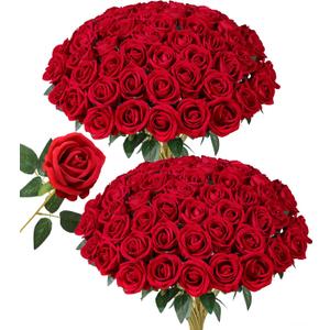 HyeFlora 50 PCS Red Roses Artificial Flowers, Fake Roses with Stems Realistic Silk Roses for DIY Wedding Bouquets Tables Centerpieces Arrangements Party Baby Shower Birthday Home Decor Gift for Her