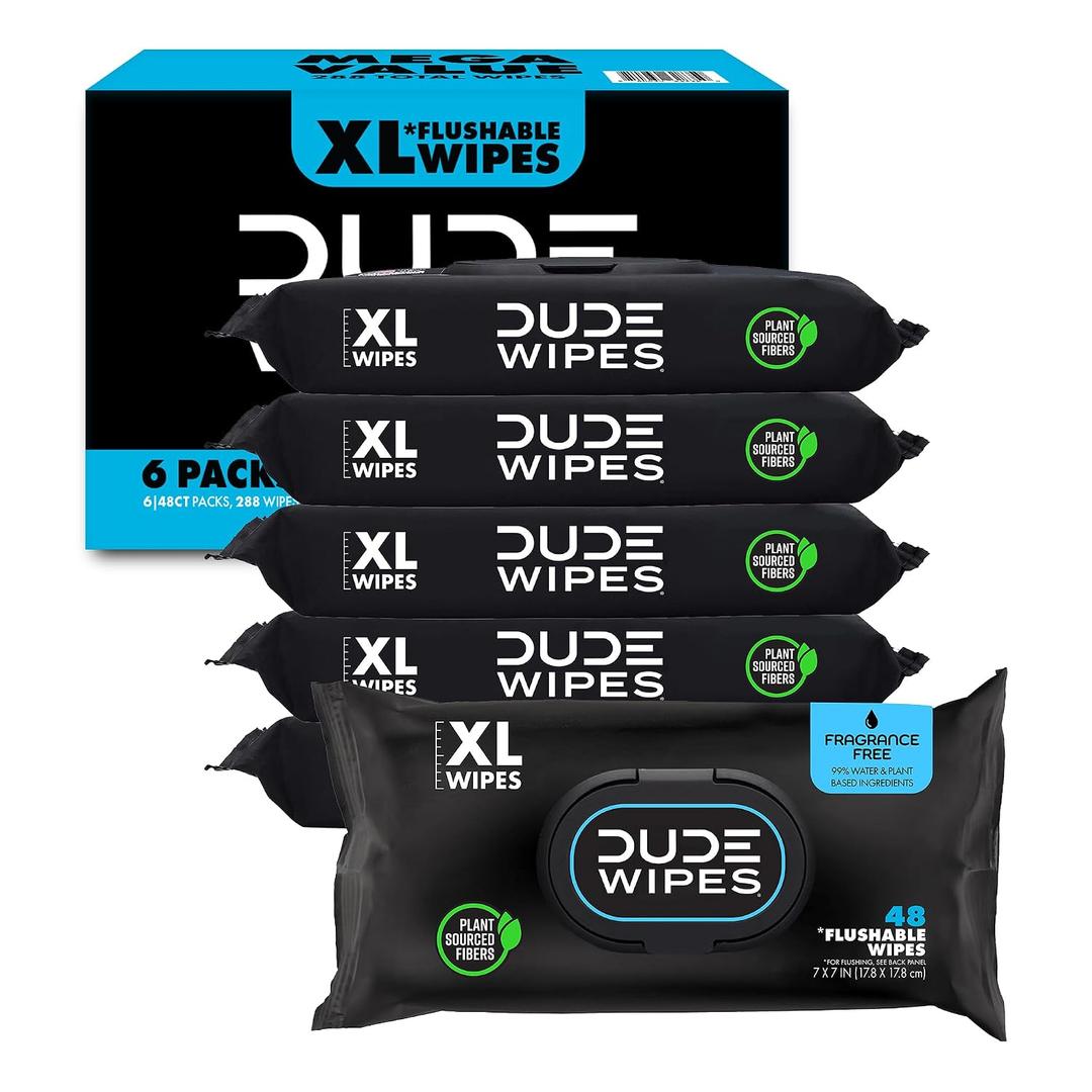 DUDE Wipes Unscented Flushable Wipes - Extra-Large Adult Wet Wipes for Sensitive Skin - 6 Pack (288 Count) - Infused with Vitamin E and Aloe - Septic and Sewer Safe