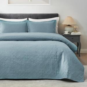 Hansleep Blue Quilt Queen Size - Baroque Ultrasonic All Season Bedspread Queen, Soft Lightweight Coverlet Bedding Set, 3 Pieces (1 Quilt, 2 Pillow Shams)