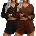 2 x Yearntown 2 Pack Women's Waffle Knit Lounge Sets Long Sleeve V Neck Pajama Sets Tops and Shorts Loungewear with Pockets(Black, Coffee,Medium)