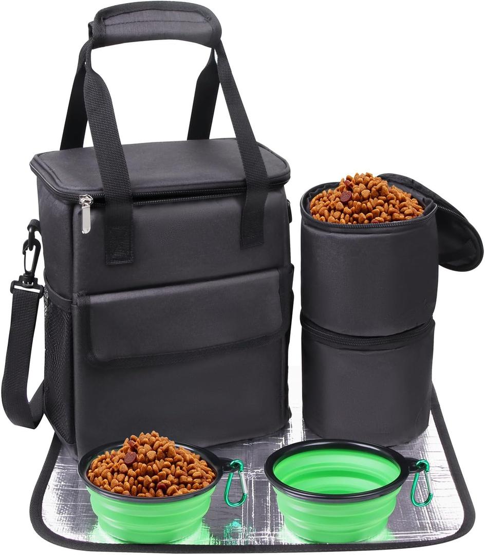 Dog Travel Bag for Camping - Weekend Pet Accessories With 2 Collapsible Bowls, 2 Food Containers, 1 Waterproof Feeding Mat - S, Black Dog Travel Bag for Camping - Weekend Pet Accessories With 2 Collapsible Bowls, 2 Food Containers, 1 Waterproof Feeding Mat - S, Black