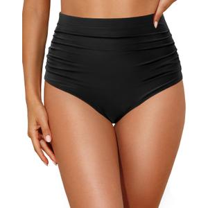 Zmart High Waisted Bikini Bottoms - Women's Full Coverage Ruched Bathing Suit Bottom Low Cut Swimsuit (Black)XL