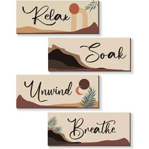 4 Pcs Boho Bathroom Decor with Relax Soak Unwind Breathe Relaxing Quotes Bohemian Wooden Hanging Wall Art Farmhouse Abstract Decoration for Bedroom Living Room Office (10X4 Inch)