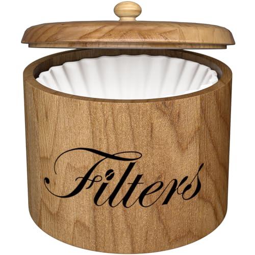 Coffee Filter Holder, Wooden Coffee Filter Storage with Lid, RoundCoffeeFilterContainer for Counter, Rustic Bar Accessories Holder Decor (Natural)