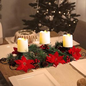 MorTime Christmas Centerpiece with 3 Candle Holders, Xmas Tabletop Decor with Red Flowers Berries Pinecones Steel Base for Indoor Home Christmas Decoration