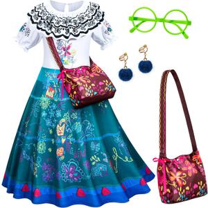 Princess Dress for Girls Birthday Halloween Dress Up with Bag Glasses Earrings (5-6 Years, Lm01)