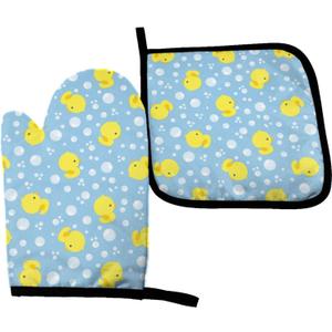 2 x Perinsto Cute Rubber Ducks Oven Mitts & Pot Holders Kitchen Set Heat Resistant Cartoon Duckling Decorative Cooking Gloves Microwave Oven Gloves for Baking Grilling BBQ (Set of 2)