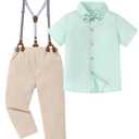 DISAUR Toddler Boy Clothes Suit, Formal Dress Shirt with Bowtie+Suspender Pants Boy Gentleman Wedding Outfits Green, 7-8t