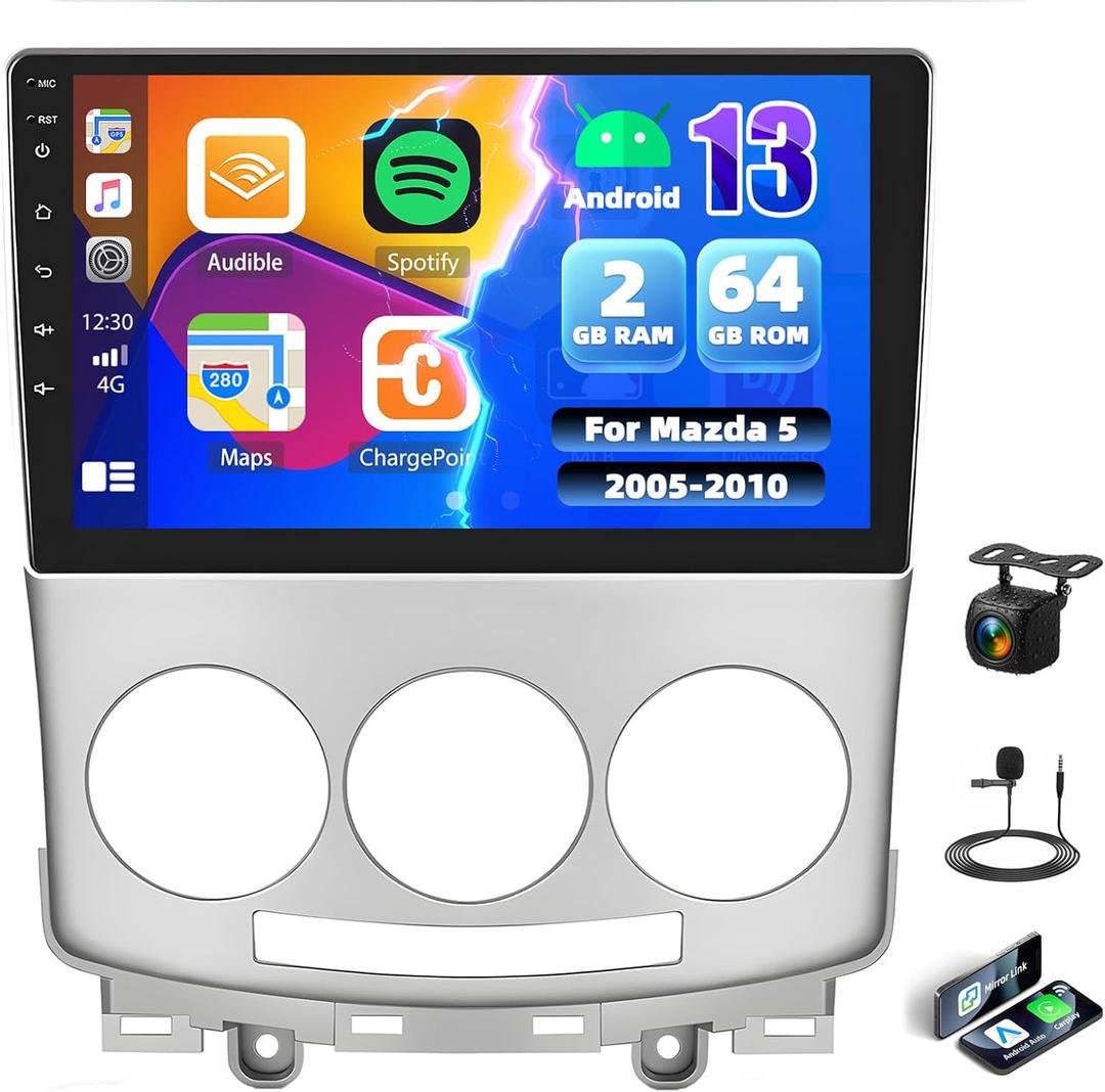 2G+64G Android 13 Car Stereo Radio for Mazda 5 2005-2010,Wireless CarPlay&Android Auto GPS Navigation, 9 HD Touchscreen Bluetooth with Mirror Link 28UI WiFi/FM/RDS/SWC+Backup Camera&Mic