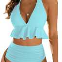 Edelqual Women's High Waisted Bikini Sets Two Piece Swimsuit Ruffled Tummy Control Bathing Swim Suit Halter V Neck Flounce Beach Modest Ruched Swimwear (Baby Blue,XL)