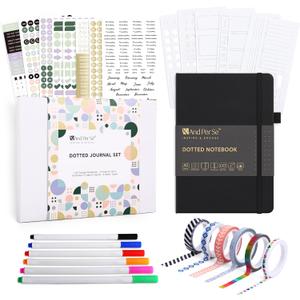 &And Per Se Dotted Journal Kit, A5 Hardcover Dot Grid Journal Notebook Set for Beginners with Journaling Supplies Stencils, Stickers, Washi Tapes & Colored Pens Accessories (Black)