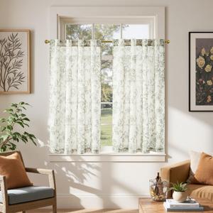 jinchan Linen Floral Tier Curtains 45 Inch Farmhouse Botanic Cafe Curtains Light Filtering Drapes for Small Windows Back Tab Half Window for Kitchen Living Room Bathroom 2 Panels Green