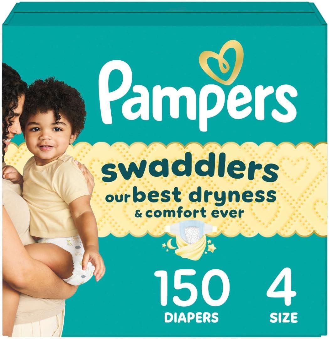 Pampers Swaddlers Diapers, Size 4 (15-34 lbs), 150 Count, Absorbent, Keeps Baby Dry and Comfortable, Skin Safe Disposable Baby Diaper  Pampers Swaddlers Diapers, Size 4 (15-34 lbs), 150 Count, Absorbent, Keeps Baby Dry and Comfortable, Skin Safe Disposable Baby Diaper