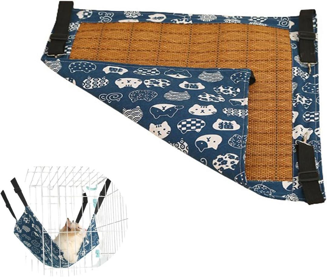 Cat Hammock Hanging to Wire Cage with Mount Hook Reversible Cooling Mat Summer Rattan Woven Sleeping Rest Bed for Small Animals Pet Squirrel Ferret Puppy Rabbit Kitty Kitten, Blue